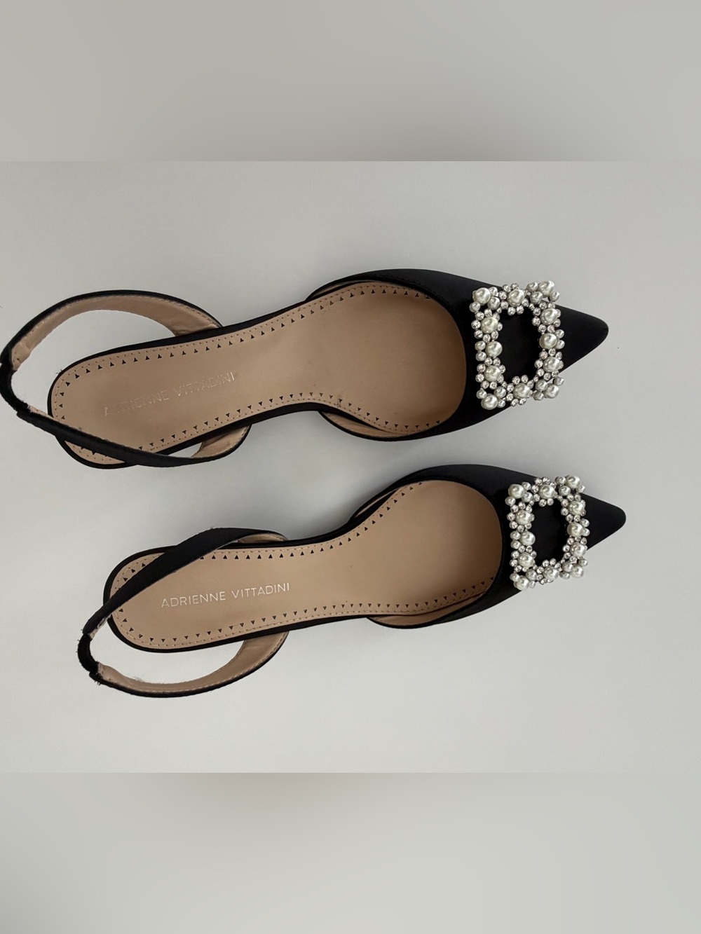 Adrienne Vittadini Black Pearl & Rhinestone Slingback Kitten Heels